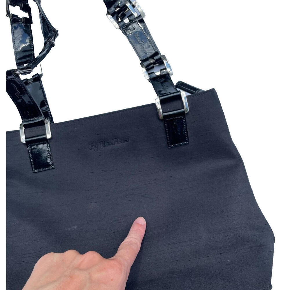 Paloma Picasso Black Satin Shoulder Bag Satchel Patent Leather Signature Strap - Picture 9 of 9
